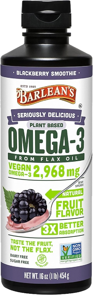 Barlean 's Vegan Omega 3 6 9 Flaxseed Oil Liquid Addition, BlackBerry Smoothie, Flax Seed Oil, 2,968 mg ALA riebalų rūgštis, ne GMO ir Gluten Free, 16 oz