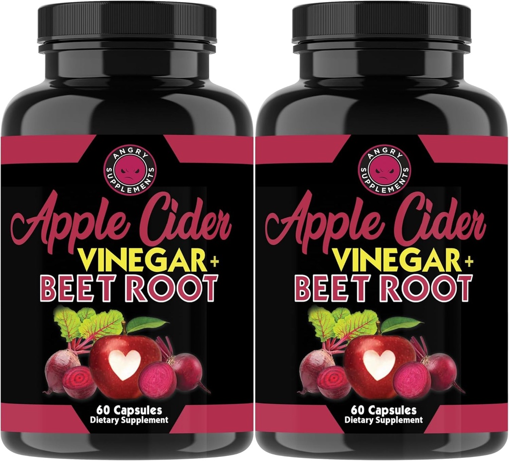 Angry Supplements Apple Cider Active + Beet Root Powder Capsules, Pure ACV Beetroot 1000mg per Serving, azoto oksido stiprintuvas & Digistive Health vyrams ir moterims 60ct, 2 Pack (120ct Iš viso)