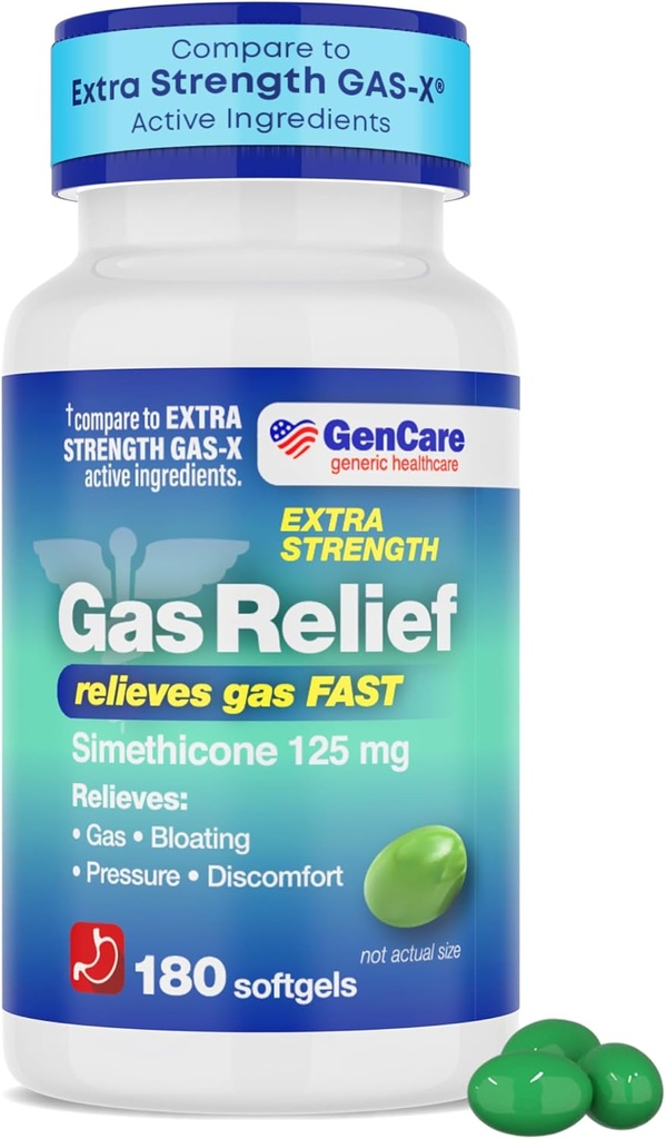 GenCare -Extra Strength Gas Relief Simethicone 125mg (180 Softgels) Maximum Strength Anti Gas Pills for Bloating Relief, Pressure & Discomfort - Compare to Generic Extra Strength Gas X