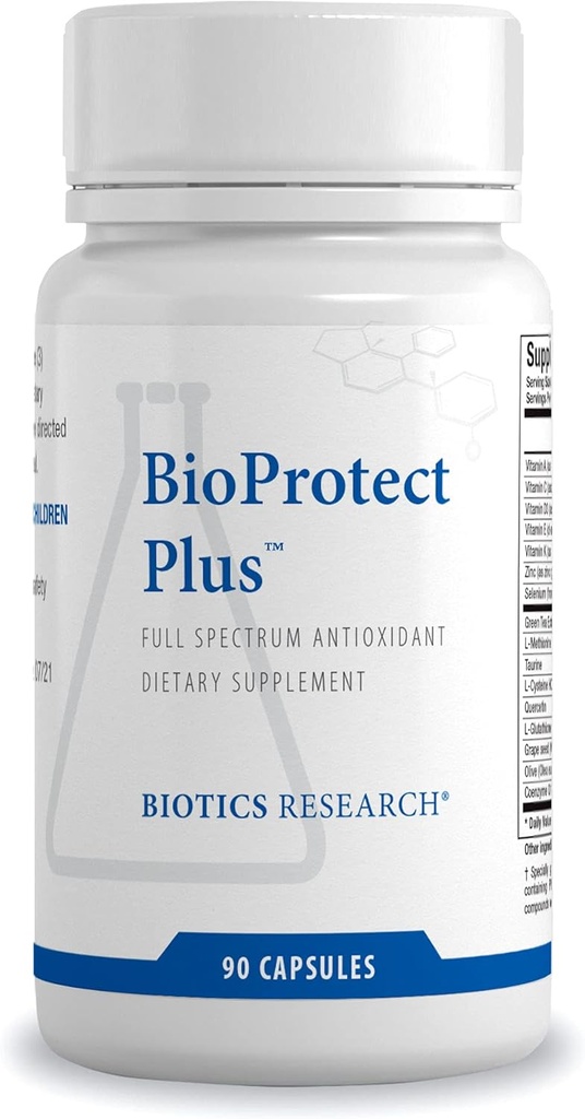 Biotics Research BioProtect Plus apsaugo kūną nuo oksidacinės žalos, remia bendrą sveikatą, imuninę sveikatą, širdies ir kraujagyslių sveikatą. Glutationas, CoQ10, Taurinas, SOD, 90 kapsulių