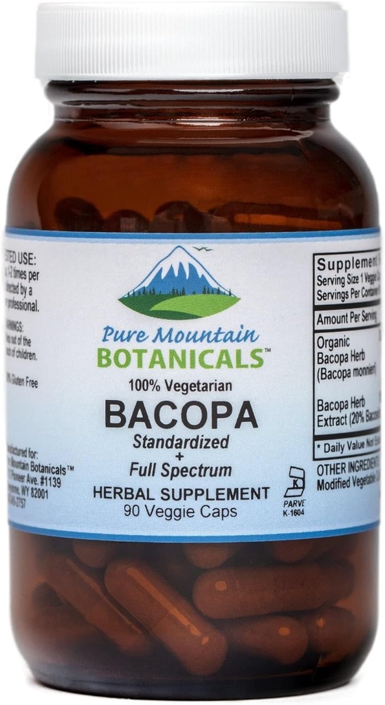Pure Mountain Botanicals Bacopa Monnieri Capsules - Vegan Caps su Organic Bacopa & Standarted Bacopa ekstrakto priedu
