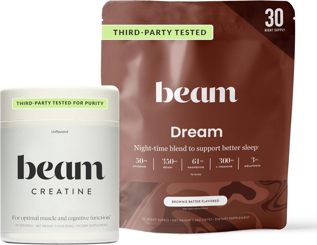 Beam Dream Miego milteliai & Kreatine Bundle, Trečioji šalis Išbandyta Natūralus Miego Pagalba & Recovery Priedas su Microniced Creatine Monohidratas, Unfavored Pure kreatino milteliai raumenų stiprumo, energijos