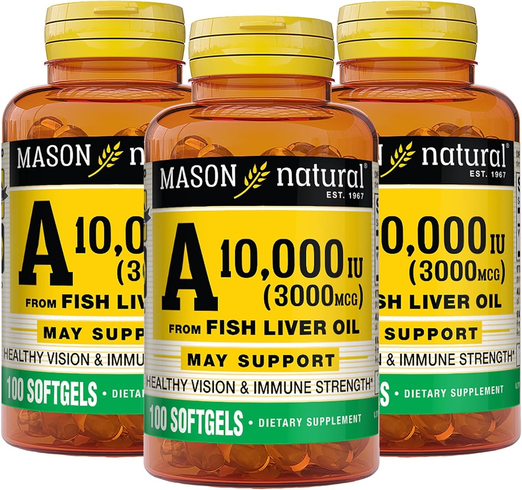 MASON NATURAL Vitamin A 3,000 mcg (10,000 IU) from Fish Liver Oil, Supports Vision & Immune Health, 100 Softgels, Pack of 3