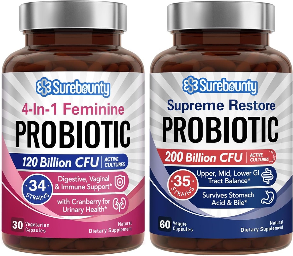 Probiotinis triušis, 4- in-1 moteriškas probiotinis (30ct) & Aukščiausiasis atkurti probiotinis (60ct), 2 paketai, Spanguolių makšties parama, GI Tract Balance, Vegan, Ne pieno