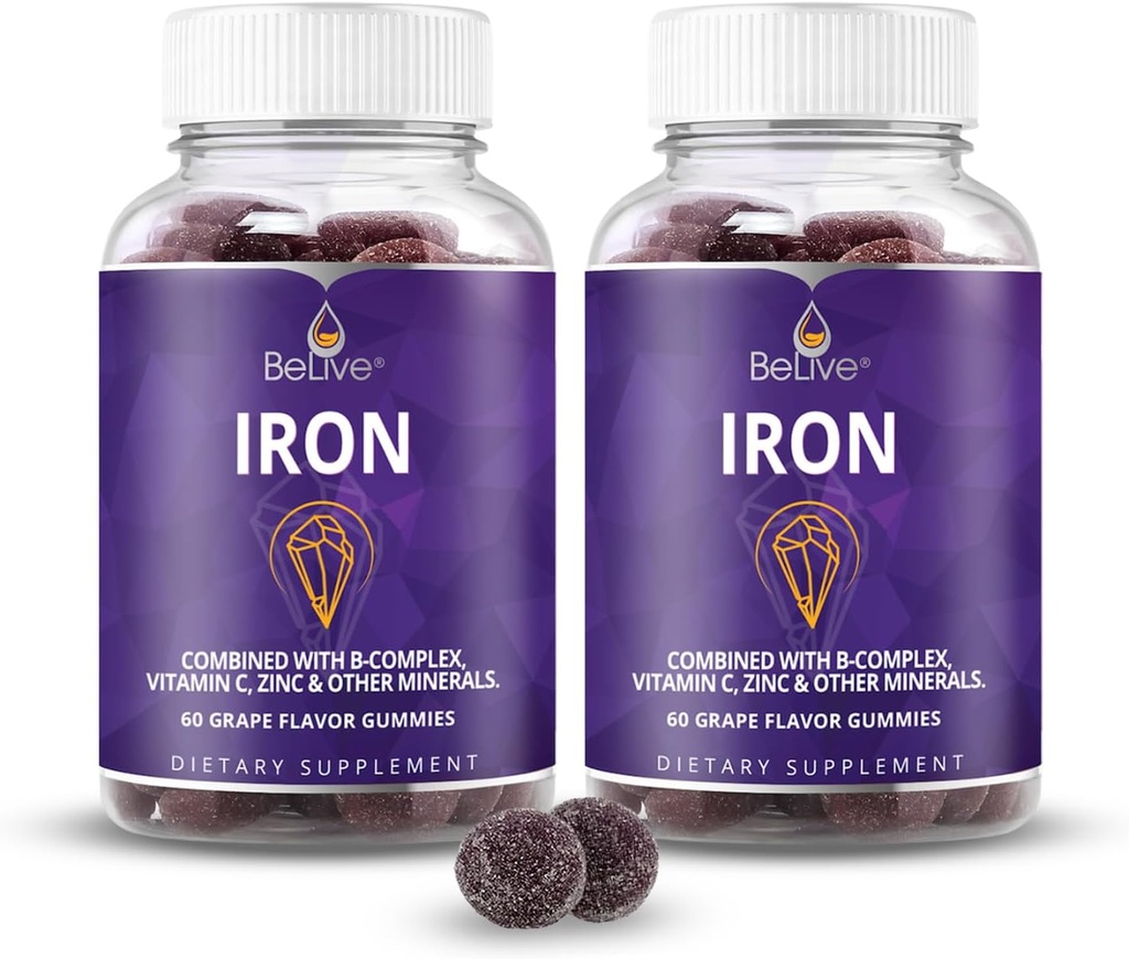 BeLive Iron Gummies - Multivitaminas geležies papildas su vitaminu C, A, B & Cinkas, Palaiko kraujo deguonis, Vegano papildai moterims, vyrams ir vaikams augimo ir plėtros - Vynuogių skoniui