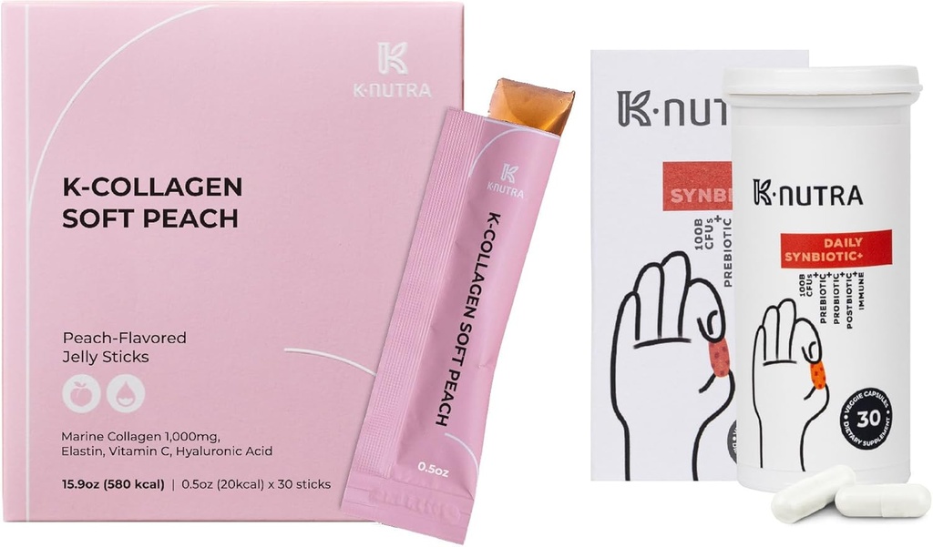 Kasdien Synbiotic + (30 kapsulių) 100B KSV, Kimchi Postbiotic & K- Collagen Minkštas Peach Collagen Žely (30 Sticks) - Digital & Skin Health