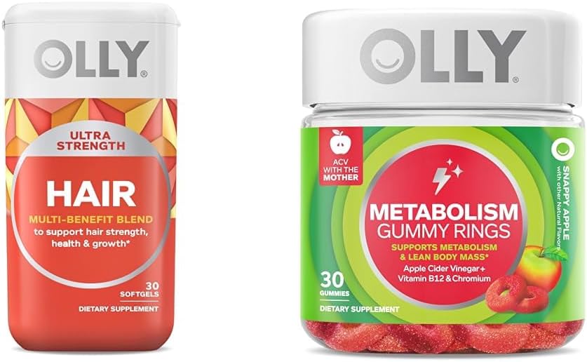 OLLY Ultra stiprumo plaukų minkštikliai, Palaiko plaukų sveikatą, Biotinas, Keratinas & Metabolizmas Gummy Žiedai, Apple Cider Actas, Vitaminas B12, Chromas