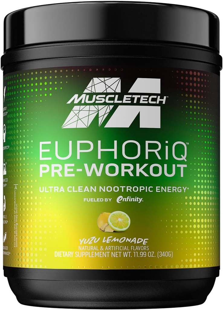 Pre Workout Mill MuscleTech EuphorQ PreWorkout Smart Preworkout Mill for Men & Women Caffeine Metabolite Fured with Paraxanthine Yuzu Lemonade (20 serverių)