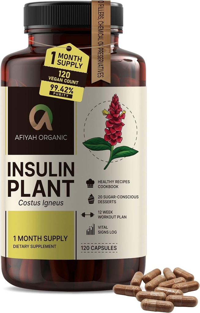 Premium Quality Costus Igneus (Insulin Plant) Capsules - Lengva nuryti 120 Veggie Capsules (1 mėnuo tiekimas) - Pagaminta JAV - Įskaitant pilną paramos sveikatai programą