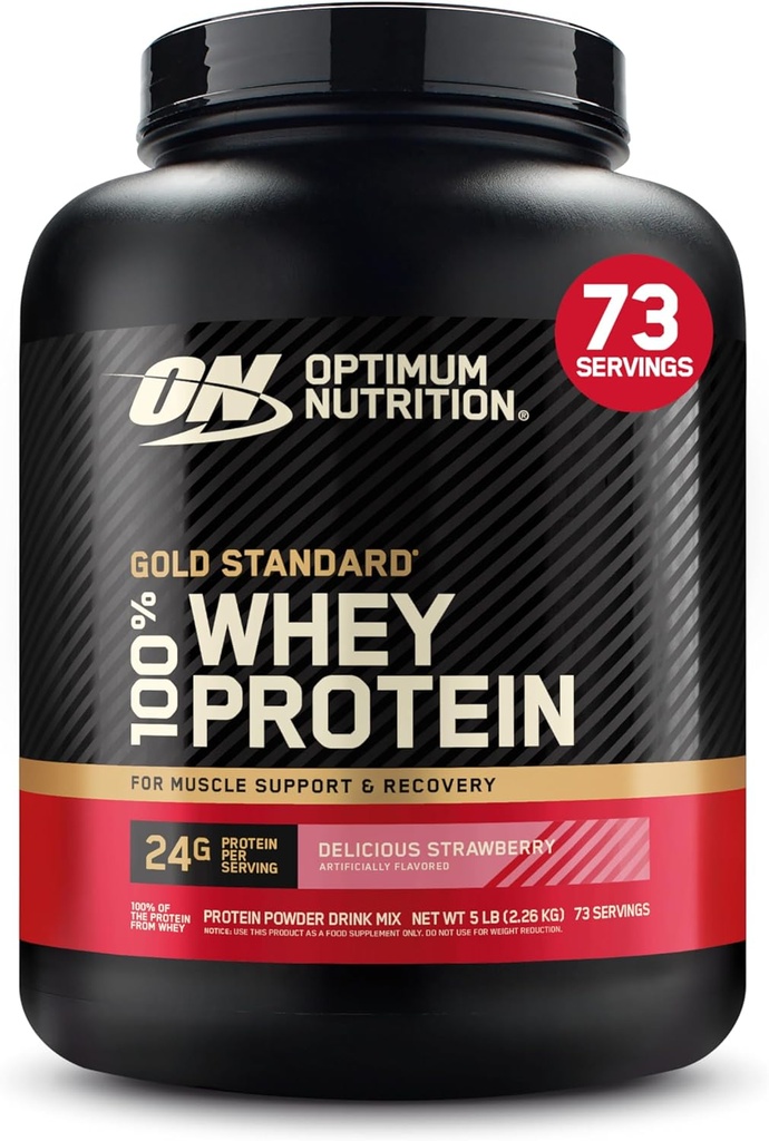 Optimum Nutrition Gold Standard 100% Išrūgų baltymų milteliai, Skanūs braškių, 5 Pound (Pakavimo gegužės Vary)