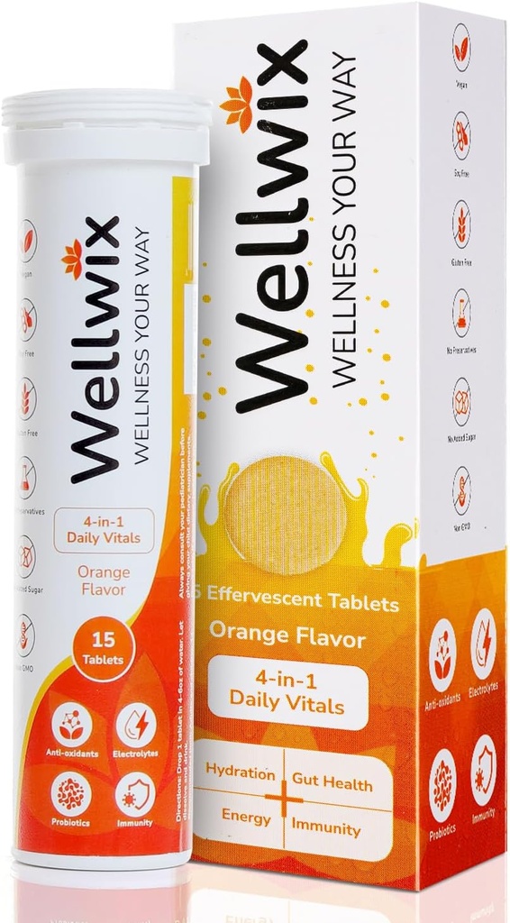 4- in-1 Dienos Vitariniai sveikatingumo - Elektrolitai, Imunitetas, Antioksidantai ir Probiotikai. Vitaminas C 1000 mg, natris 200 mg, kalis 100 mg, vitaminas D3, B12 ir kt. Šnypščiosios tabletės