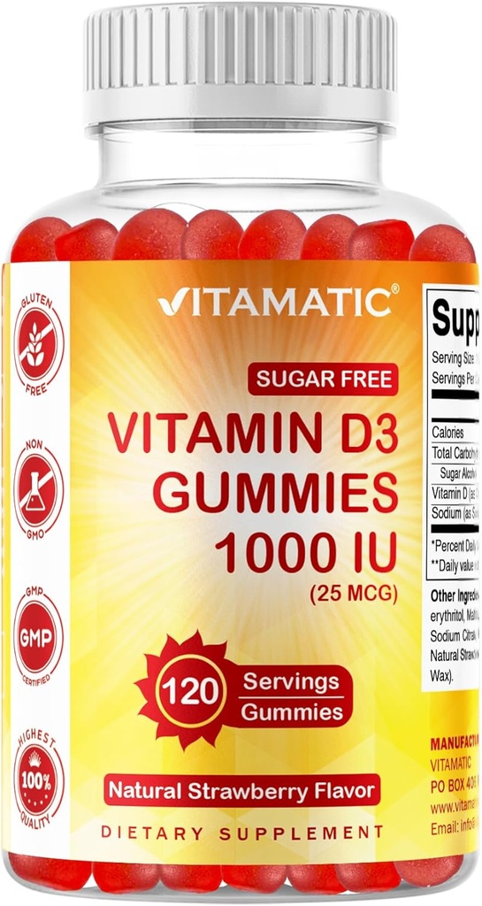 Vitamatic Sugar Free Vitamin D3-120 Pectin Based Gummies - Great Taste - Healthy Bones, Mood & Immune System Function - Non-GMO - 120 Servings (1000 IU)
