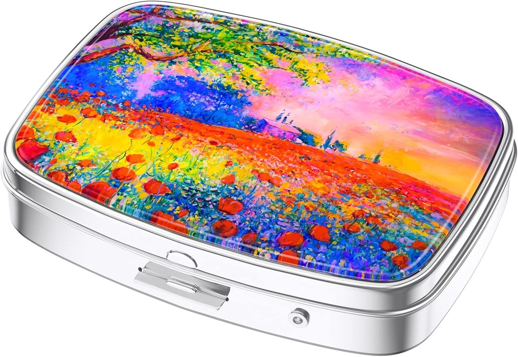 Nipichsha Pill Box, Small Pill Case for Purse & Pocket, Cute Travel Medicine Organizer, Portable Medicine Container Holder to Hold Vitamins, Medication, Fish Oil & Supplements, Oil Painting