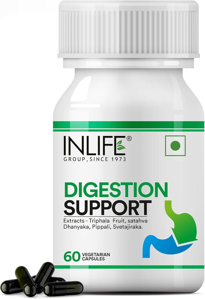 INLIFE Digestion Support Supplement | Triphala, Satahva, Dhanyaka, Pippali, Svetajiraka | for Men and Women - 60 Vegetarian Capsules