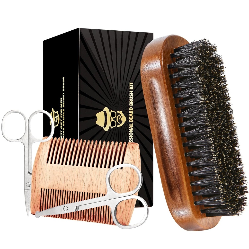 Barzdos šepetys vyrams, durpių Bristle Black Walnut Wood Beards and Mustaches Grooming Set įskaitant Pure Boar Bristle Bard Brush, Beard Comb, Mustache Žirklės, ir Kelionės maišas