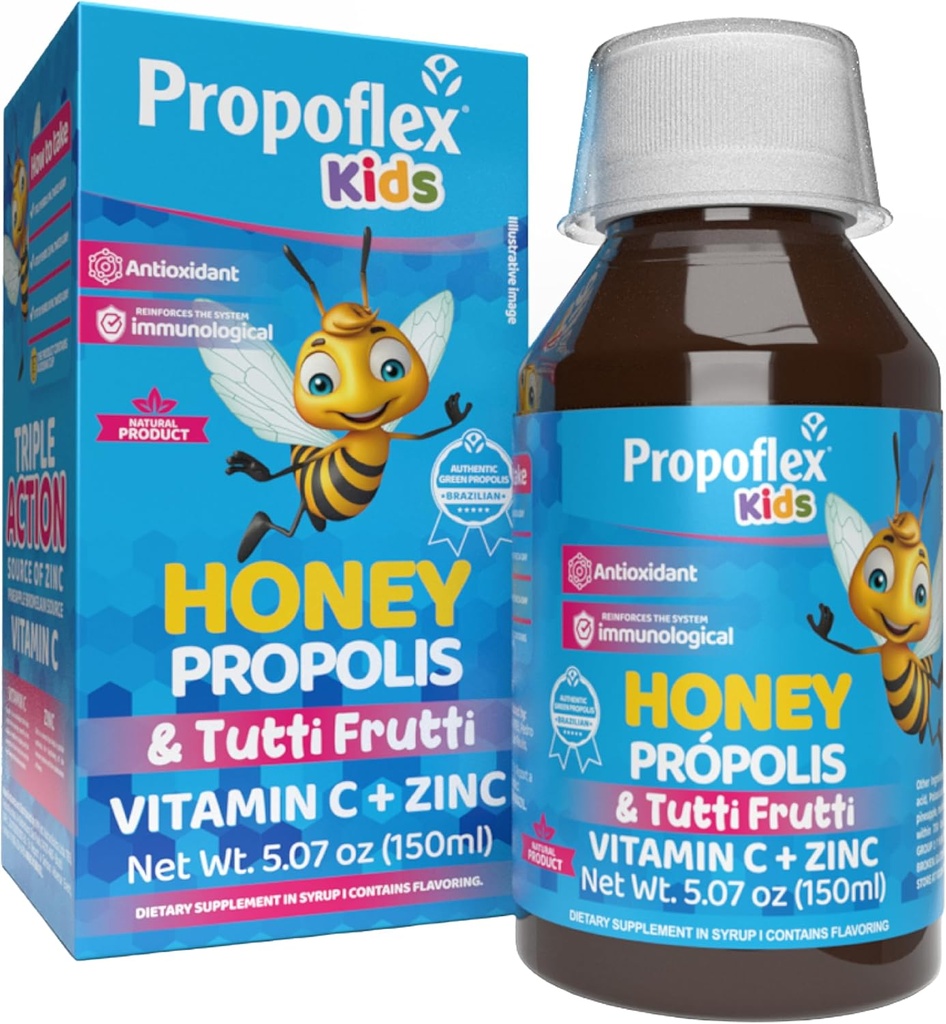 Beelife Bee Propolis Cough Syrough Kids - Triple- Action - Natural Syroice, Brazilian Green Propolis, Cinkas, Bromelainas, Vitaminas C- Support Immunality & Recovery - iš Brazilijos, Tutti vaisių skonio, 150 ml