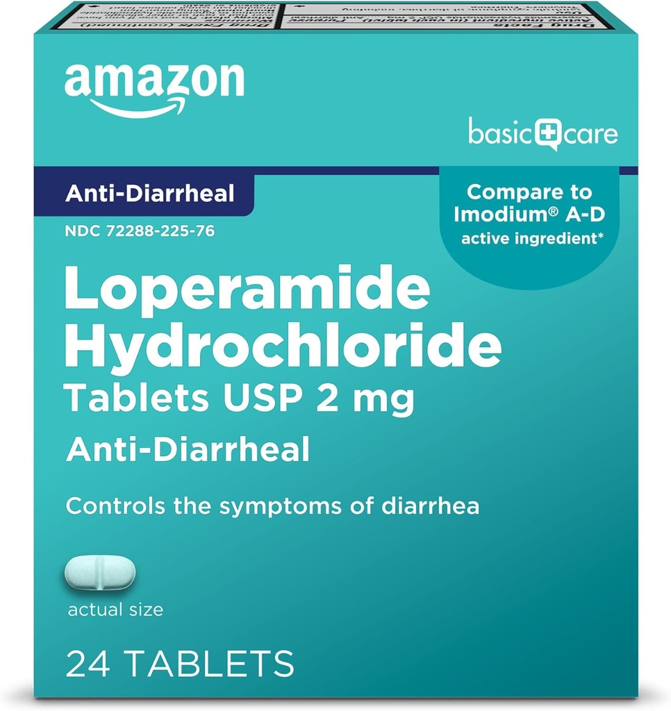 Amazon Basic Care Loperamide Hydrochloride Tablets, 2 mg, Anti-Dicarise, 24 Count (Pack of 1) (Pakuotė gali skirtis)