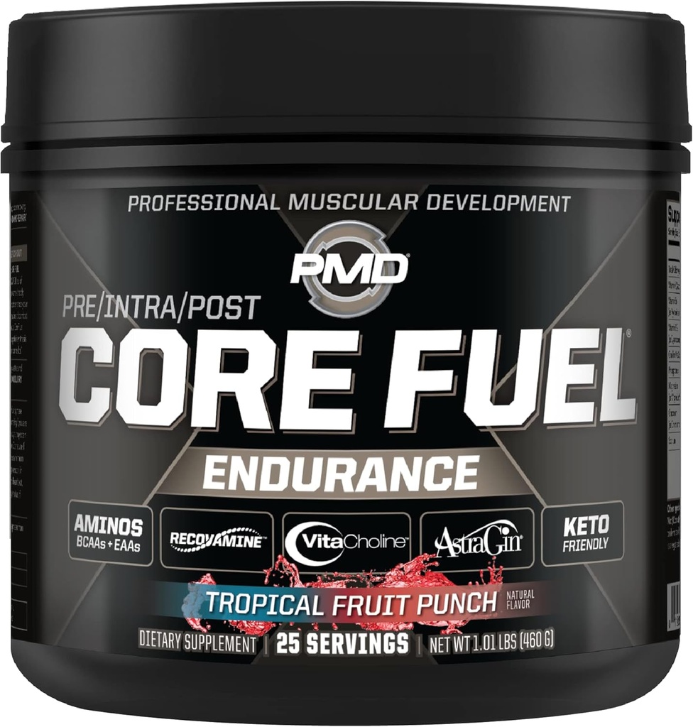 PMD Sports Core Fuel Endurance, Performance & Recovery - BCAAs, EAAs, Beta Alanine, Betaine Anhydrous, Glutamine, Electrolytes - Muscle Growth, Strength - Stim Free, Tropical Fruit Punch (25 Servings)