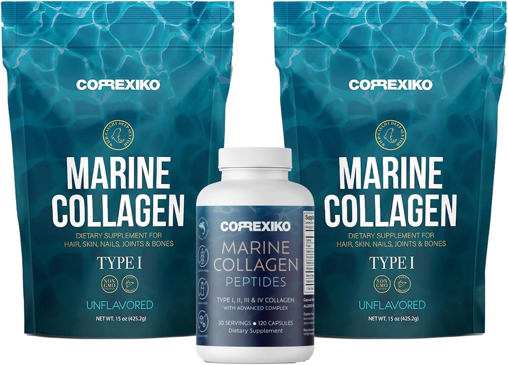 CORREXIKO 2X Jūrų kolagenas milteliai (15oz) ir 1x jūrų kapsulės Bundle