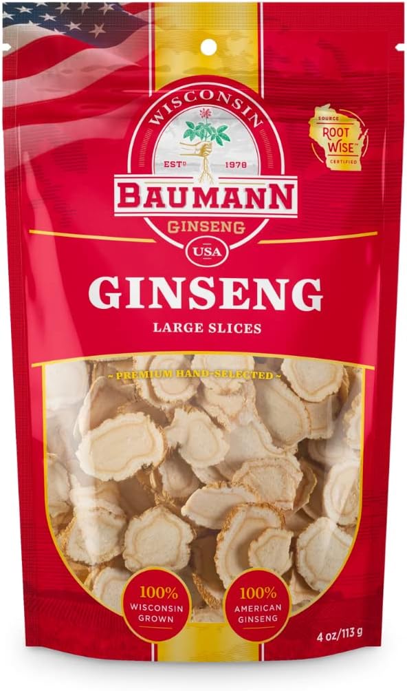 Baumann Wisconsin Ginseng - Large Slices 4 oz - 100% Natural Panax Ginseng Herb, Pure Dried American Ginseng for Immune Support, Enhanced Focus and Energy