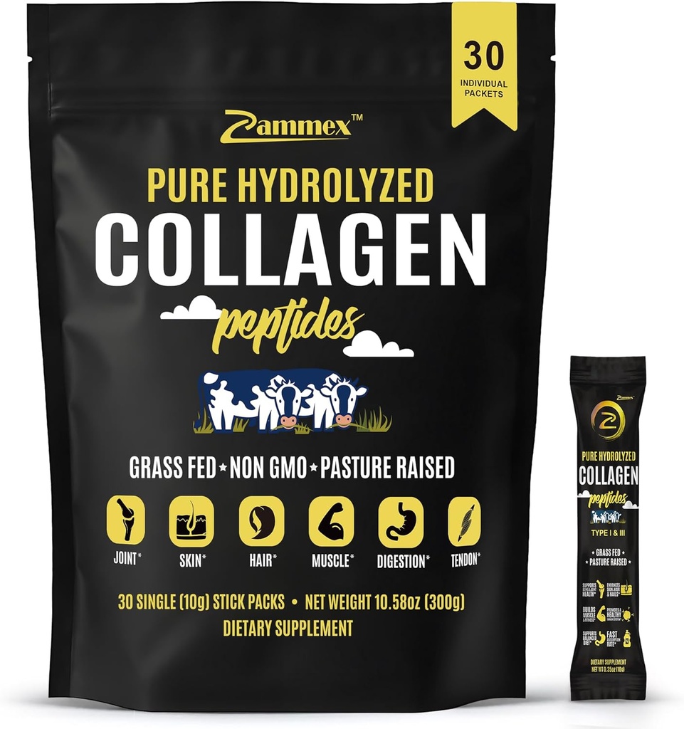 "Premium Collagen Peptides" milteliai, 30 "Sticks Travel Pacets" (I, III tipo), "Unflavored Collagen" baltymo milteliai eiti, hidrolizuoti Collagen Peptides odos plaukų nagų jungčiai, 10g per Tarnavimas, Paleo & Keto