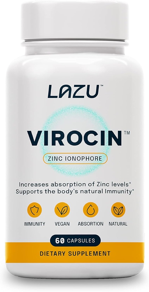 Lazu Virocin - Zinc Supplement - Zinc Ionophore | Zinc, Vitamin C, Vitamin D3 | Enhanced Immune Support and Rapid Absorption | 60 Capsules