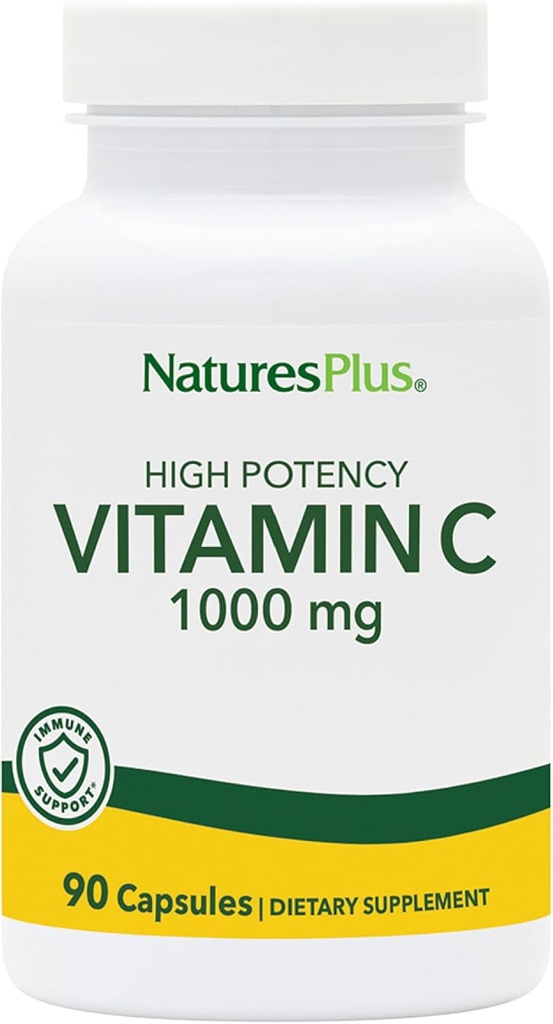 Natures Plus Vitamin C - 1000 mg Ascorbic Acid, 90 Vegetarian Capsules - High Potency Vascular & Immune Support Supplement, Antioxidant - Corn-Free, Gluten-Free - 90 Servings