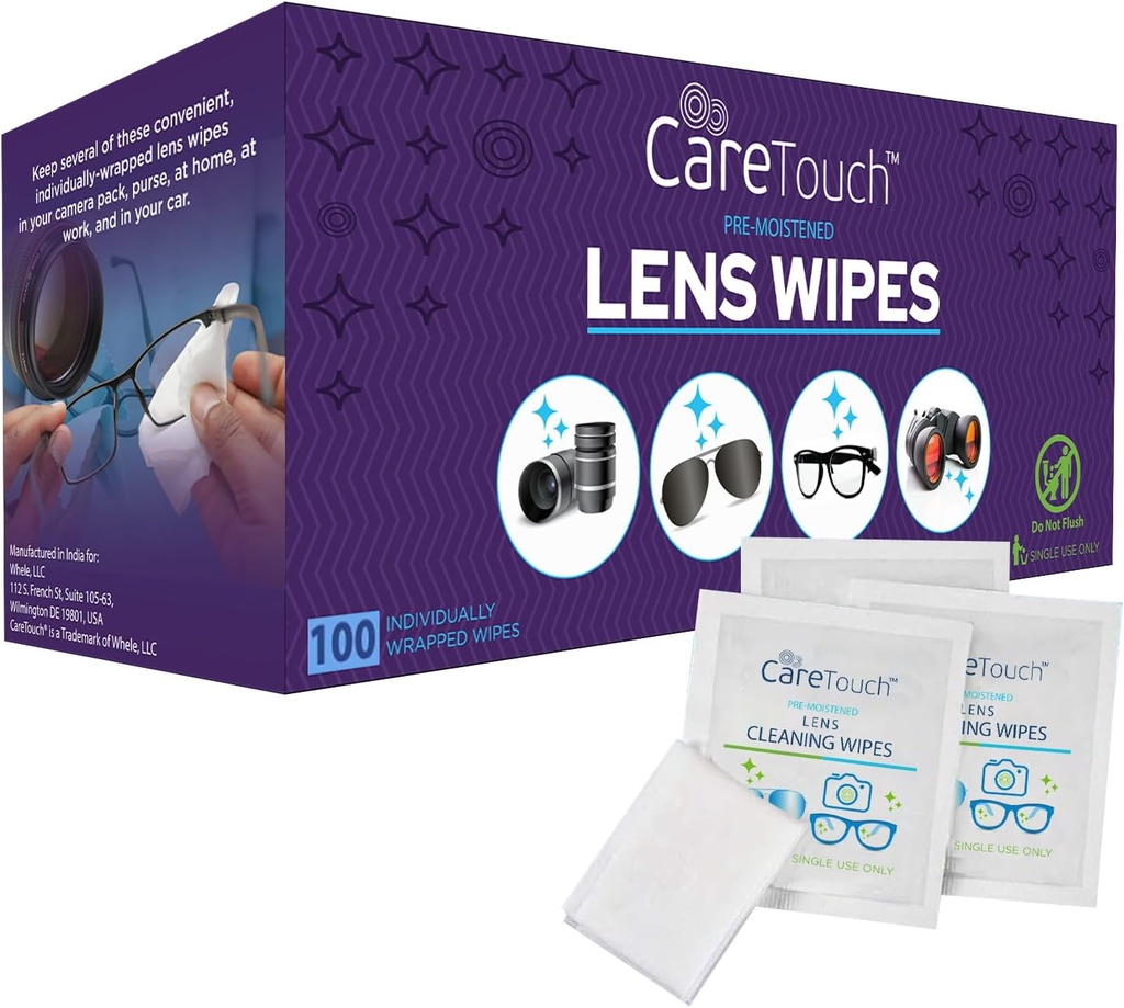 Care Touch Lens Wasses for Eyeglasses - 100 Count Individualiai Wrapped Pre- Moistent Wassers, 5 x 6 Inch- Camera Lens, Akiniai ir akiniai Valymas, - Švelnus ir nešiojamas valymas Optiniai prietaisai