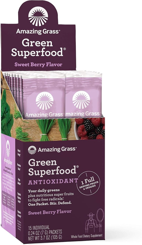 Nuostabus žolės žalia Supermaisto antioksidantas: Super žalieji milteliai su Spirulina, Elderberry & Probiotics, Sweet Berry, 15 Paslaugos