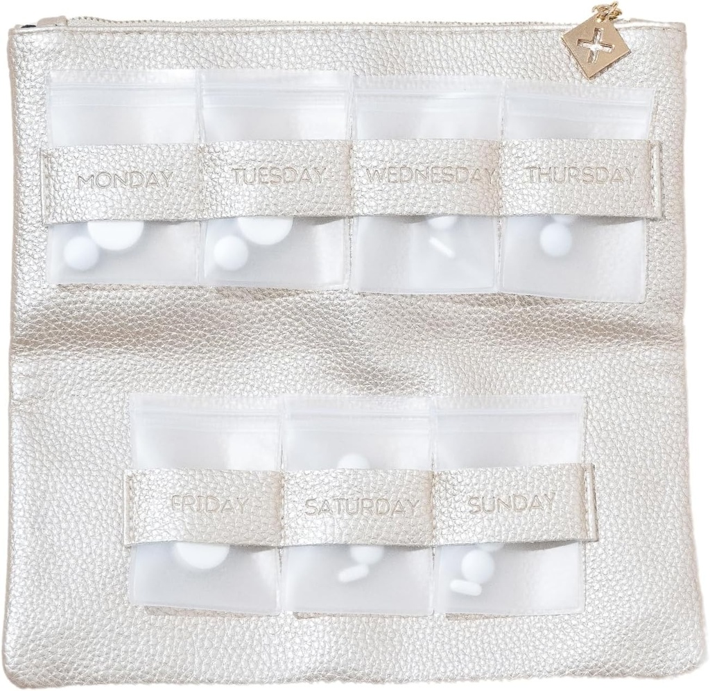 Dosey Gold Era 7- Dienos piliulė Išvalyti - Vegan Oda Daily Pill Organizatorius - Luxury Travel Pouch, Airstrong Pill Pockets for Medicine Storage & Protection - Stilingas Pill Sorter & Medication Organizatorius - Auksas