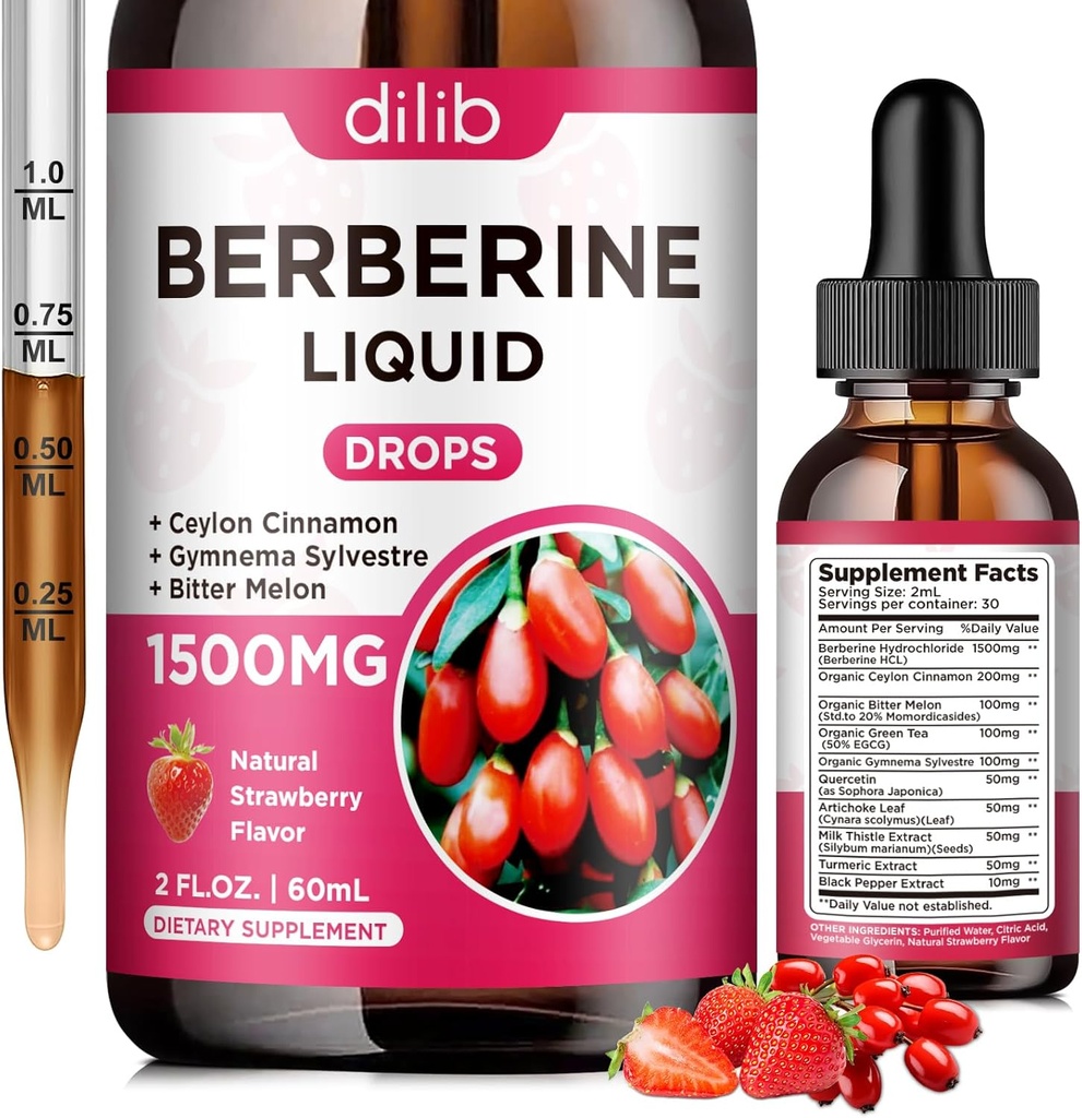 Berberino priedas skysti lašai - Berberino HCL 1500mg su Ceilonas Cinnamon, Bitter Melon, Gimnema Sylvestre for Immune, Digestion System & Heart Health, Natural Braškių skonio, 2 Fl Oz
