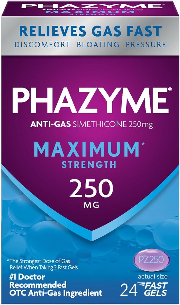 Plazyme Maximum * Stiprumo anti- Gas 250 mg Simethicone Gas Relief for Suaugusiesiems, Greitas Geliai Greitai Ease Bloating, Slėgis ir diskomfortas, 24 Skaičiavimas