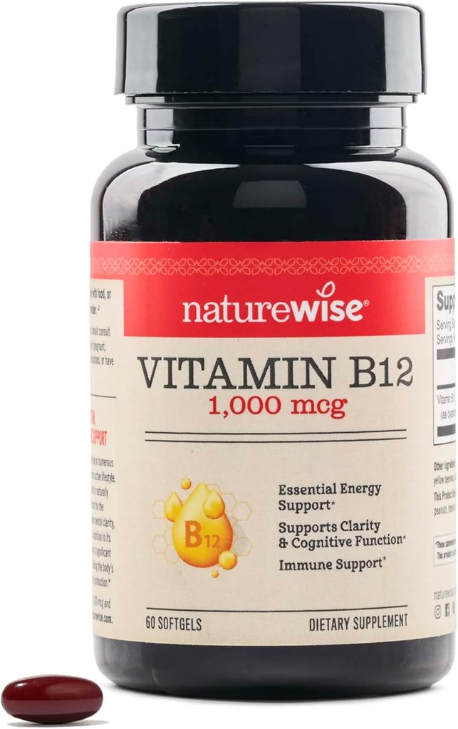 NatureWise Vitamin B12 1000 mcg - Dietary Supplement for Supporting Energy Metabolism, Mental Clarity, Nervous System Health - Easy-to-Swallow, Soy & Gluten-Free, Non-GMO - 60 Softgels[60-Day Supply]