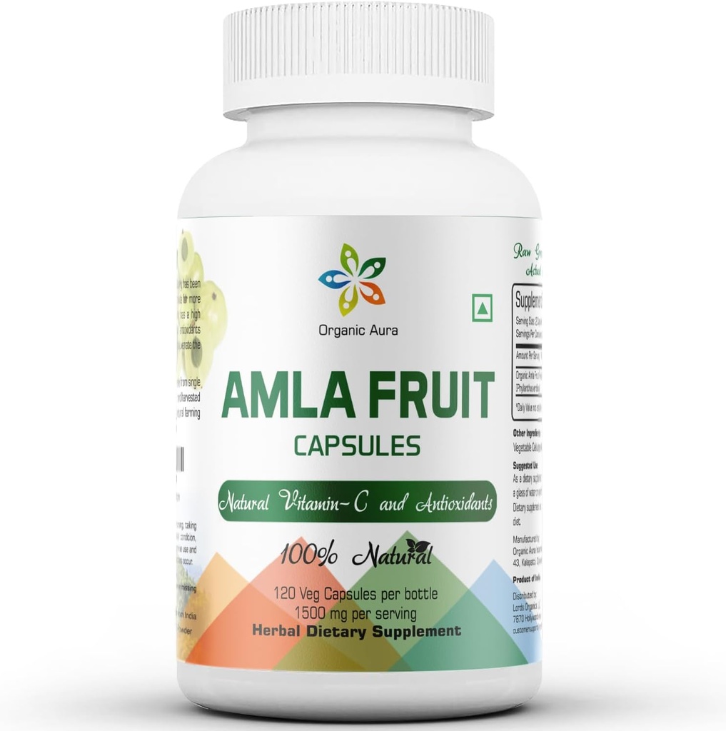 Amla Capsules 1500mg - 120 Veg Capsules. Žaliavinis ir grynas natūralus vitaminas C, natūraliai didina imunitetą, odos švytėjimas, energija ir gausus antioksidantai. Visa žalia supermaisto mityba. Ne GMO- Gluten nemokamai.