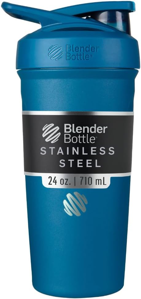 BlenderBottle Strada Shaker Cup Insulated Stainless Steel Water Bottle with Wire Whisk, 24-Ounce, Blue