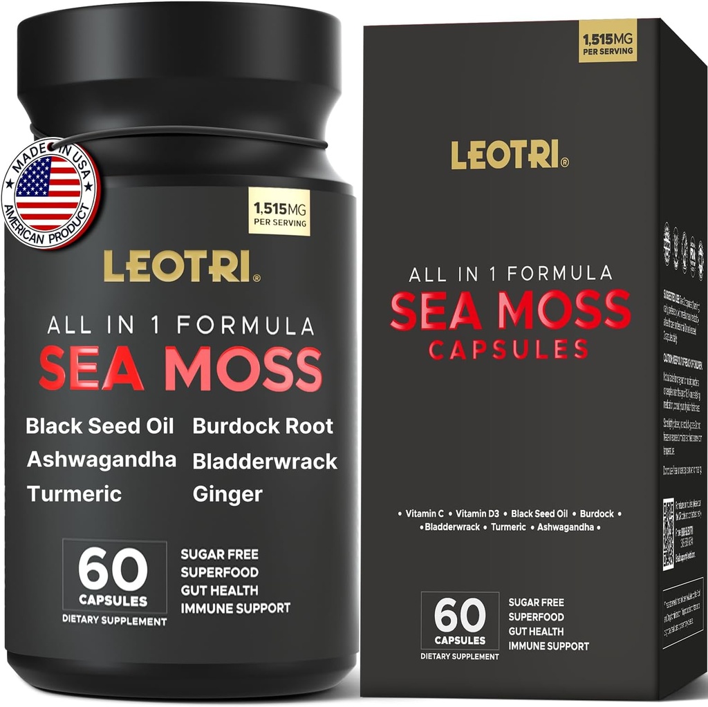 Organic Irish Sea Moss Capsules: Sea Moss 10500mg Black Seed Oil 6000mg Turmeric 3000mg Ashwagandha 3000mg Bladderwrack 3000mg Burdock Root 3000mg Imbieras odos gvazdikams Superfood 60 Capsules