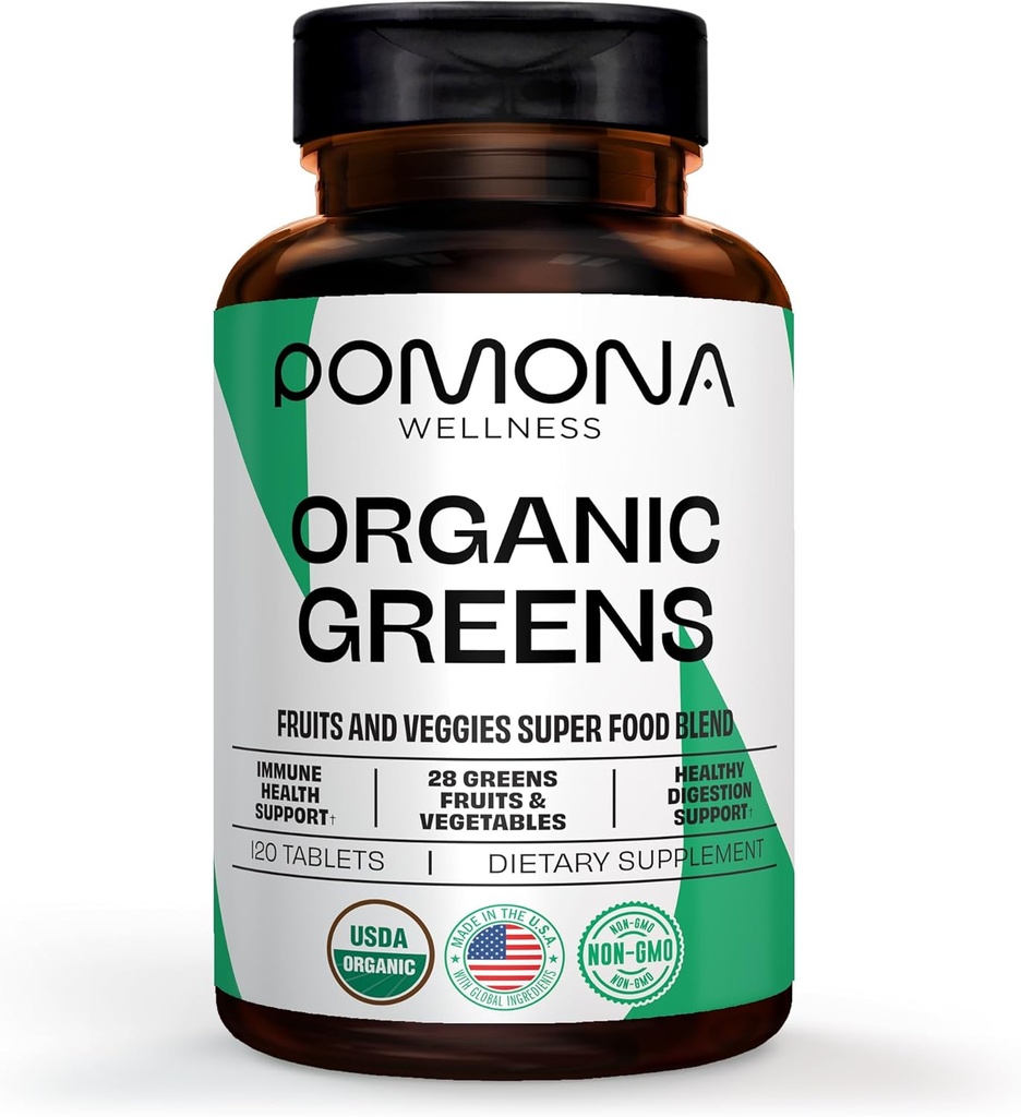 Pomona Wellness Super Green Addition, Full of Superfood Vitaminai ir mineralai, Vaisiai ir daržovės, Žalieji milteliai Bloating and Digestion, Gut Health, USDA Organic, Non- GMO, 120 tablečių