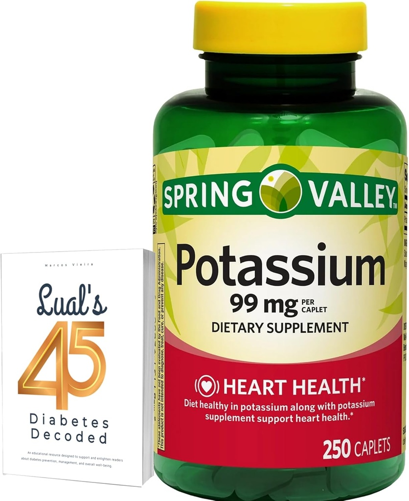 Spring Valley Potassium Heart Health Dietary Supplement Caplets, 99 mg, 250 Count, Potassium Gluconate Bundle with Lual's 45 Diabetes Decoded