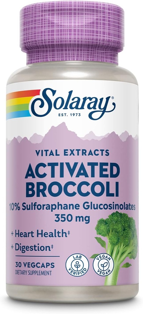 SOLARAY Activated Broccoli Seed Extract 350 mg, 10% Sulforaphane Glucosinolates for Antioxidant Support, Heart Health and Digestive Support, Vegan and Lab Verified, 30 Servings, 30 VegCaps
