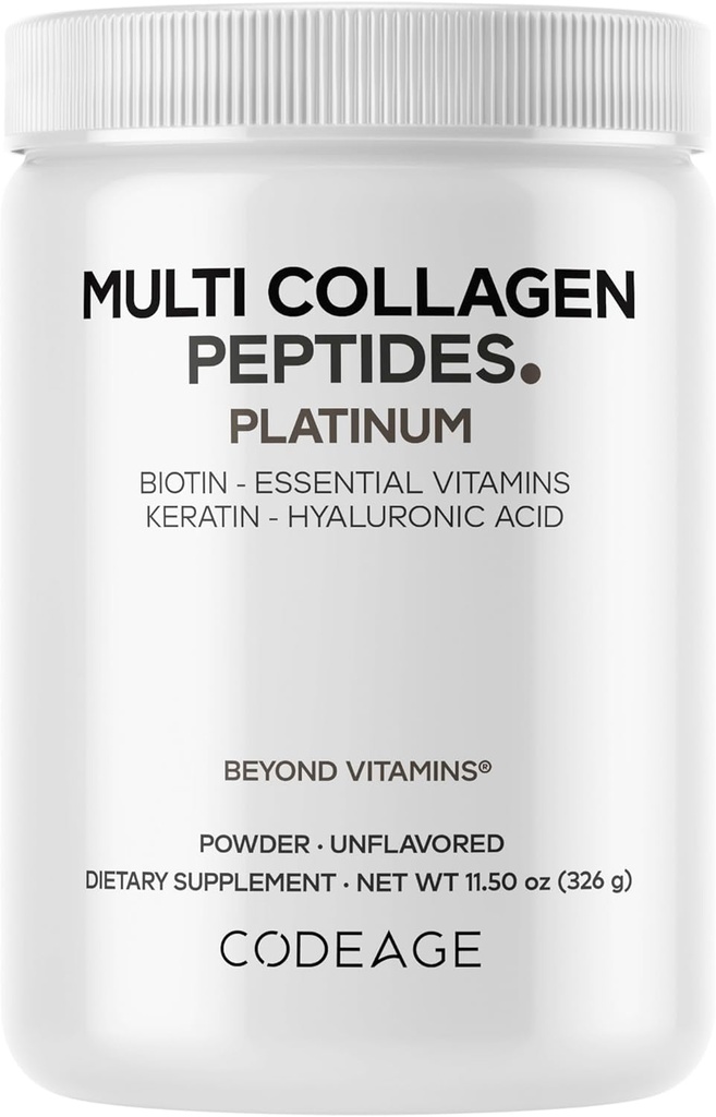 Codeage Multi Collagen for Women & Men Biotin 10000mcg Keratinas, baltymų milteliai Vitaminas C B6 D3, Hialurono rūgštis, Niacinas - Hidrolizuotas Collagen Coffee Creamer 5 Tipai - Neflavored - Non- GMO - 11.5oz