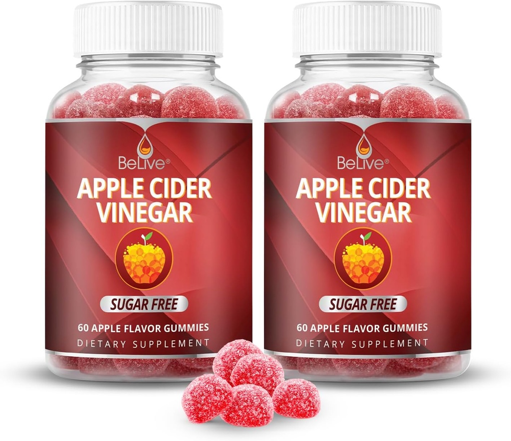 BeLive Apple Cider Actas Cukrus nemokamai Gummies - Puikus Digestion & sveika mityba - Gluten Free, Nr gliukozės Sirupas, ACV Gummies Alternatyvus Capsules & Geriamasis (120 Ct) - 2 Pack
