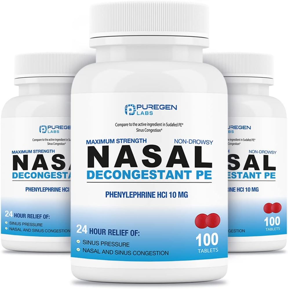 Puregen Labs Nasal Decongestant PE 3 Pack - 300 Tablets Total | Phenylephrine HCl 10 mg | Maximum Strength | Non Drowsy Nasal & Sinus Congestion Relief Due to Cold or Allergies