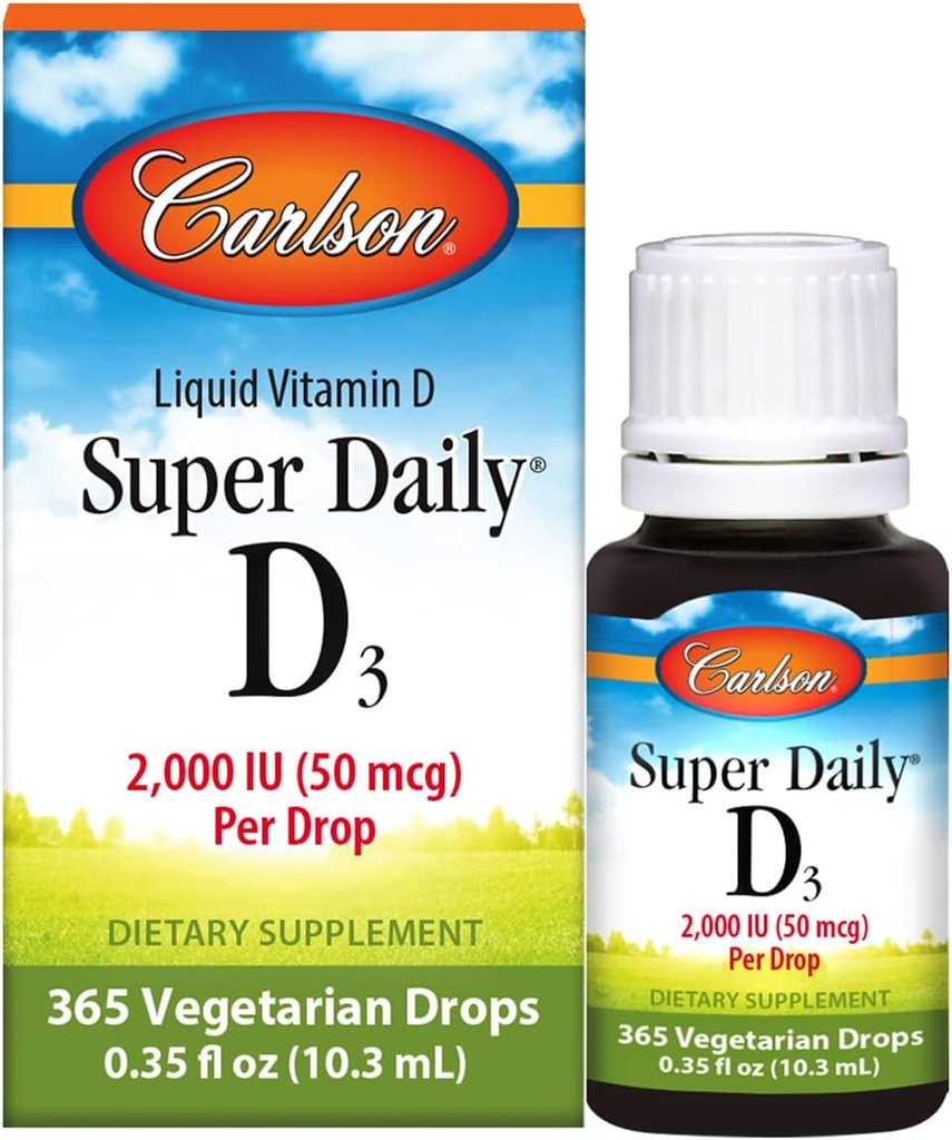 Carlson - Super Daily D3, Vitaminas D lašai, 2000 TV per lašas, 1 metų tiekimas, Vitaminas D3 Skystas, Širdies & Imuninė sveikata, Vegetaras, Skystas Vitaminas D lašai, Neskonio, 365 lašai
