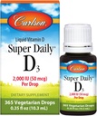 Carlson - Super Daily D3, Vitaminas D lašai, 2000 TV per lašas, 1 metų tiekimas, Vitaminas D3 Skystas, Širdies & Imuninė sveikata, Vegetaras, Skystas Vitaminas D lašai, Neskonio, 365 lašai