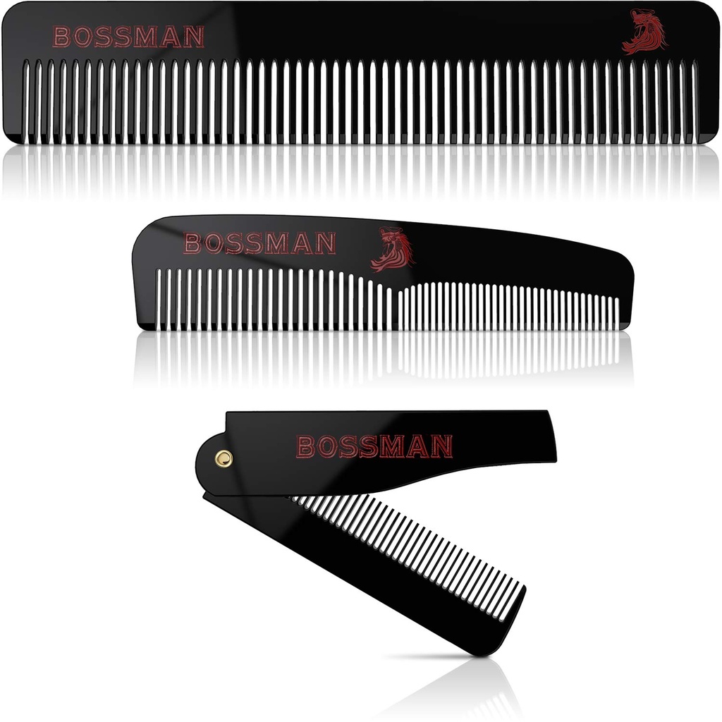 Bosman acetato barzdos, Mustache, & Plaukų Comb Set iš 3 - Kompai vyrams su miniatiūrinė magnetinė dėžutė (7.5- Inch, 5- Inch, 3.5- Inch) - Savybės Rained Teeth, Double- Syled Teeth, ir Foldable Design