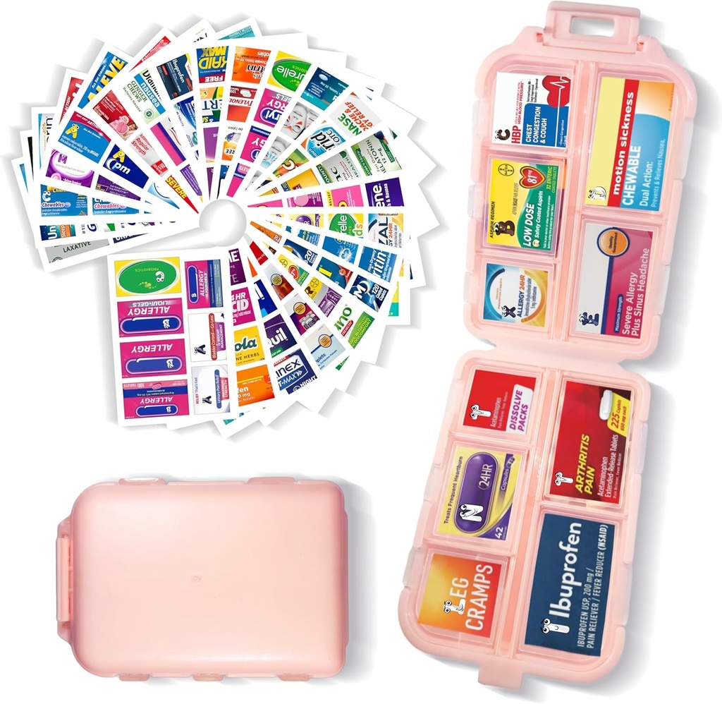 Pill Organizer with Medicine Labels 161 Labels Travel Daily Pill Container Mini Medication Organizer Storage Pill Organizer Travel Essentials Pill Case 7 Day (Pink, 1 Pack)