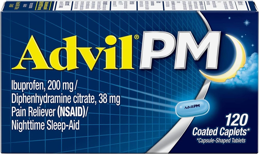 Advil PM (120 Count) Skausmas Reliver / Naktinis Miego Pagalba Padengtas Caplet, 200mg Ibuprofenas, 38mg Difenhidraminas (Pakuotė 2)