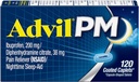 Advil PM (120 Count) Skausmas Reliver / Naktinis Miego Pagalba Padengtas Caplet, 200mg Ibuprofenas, 38mg Difenhidraminas (Pakuotė 2)