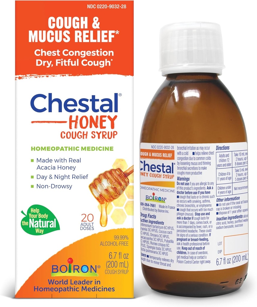 Boiron Chestal Honey Suaugusieji Šaltas ir kosulys Sirupas Nosies ir krūtinės Spūstys, Runny nosis, ir Sore Gergat Relief - 6.7 Fl oz