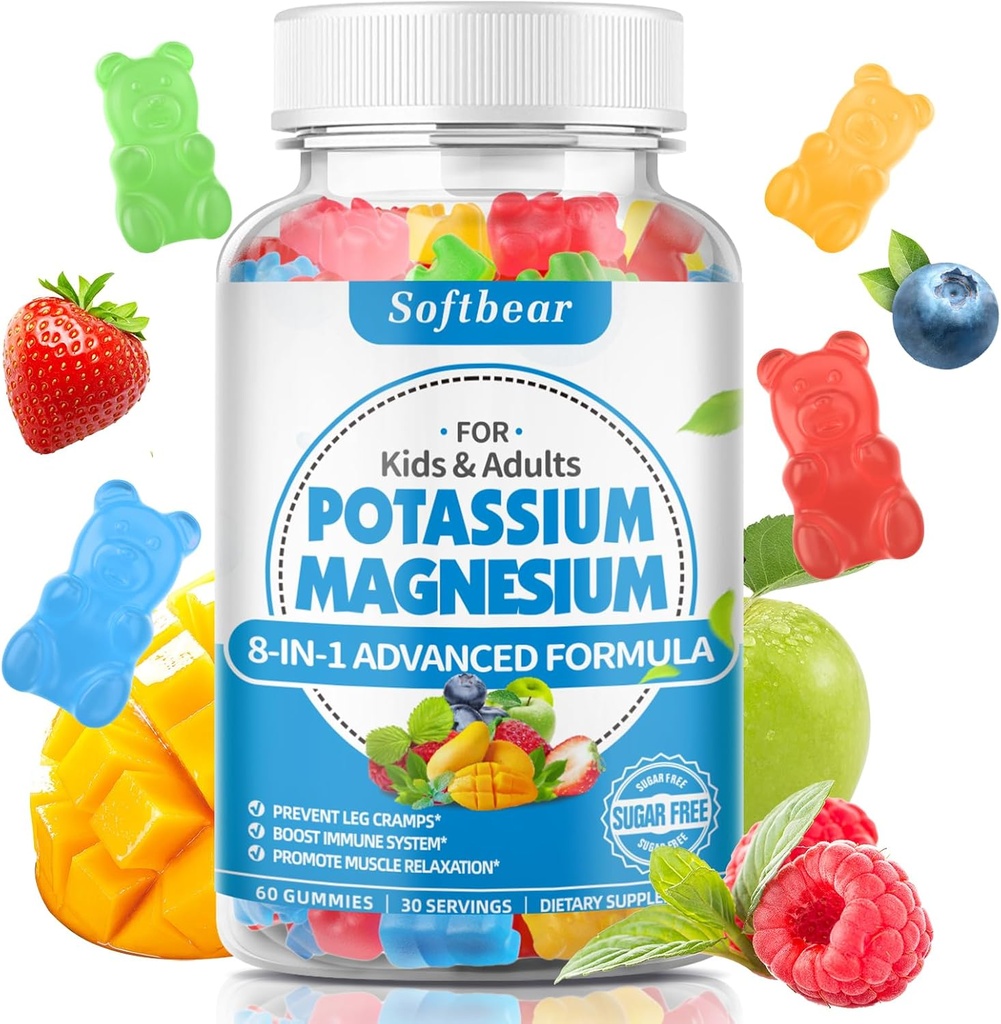 softbear Potassium Gummies for Adults, High Absorption Potassium Magnesium Supplement with Vitamin B6 CoQ10 for Leg Cramps & Muscle Health Sugar-Free Vegan Mixed Fruit Flavor 60 Gummies